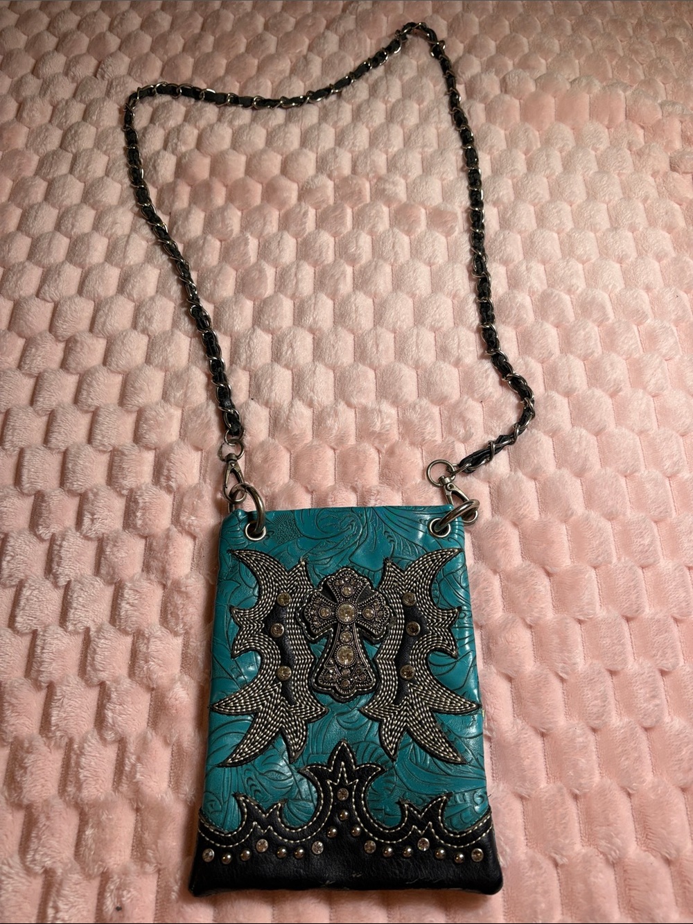 Y2K Western Turquoise Cross Tooled Leather Bag w/ Chain